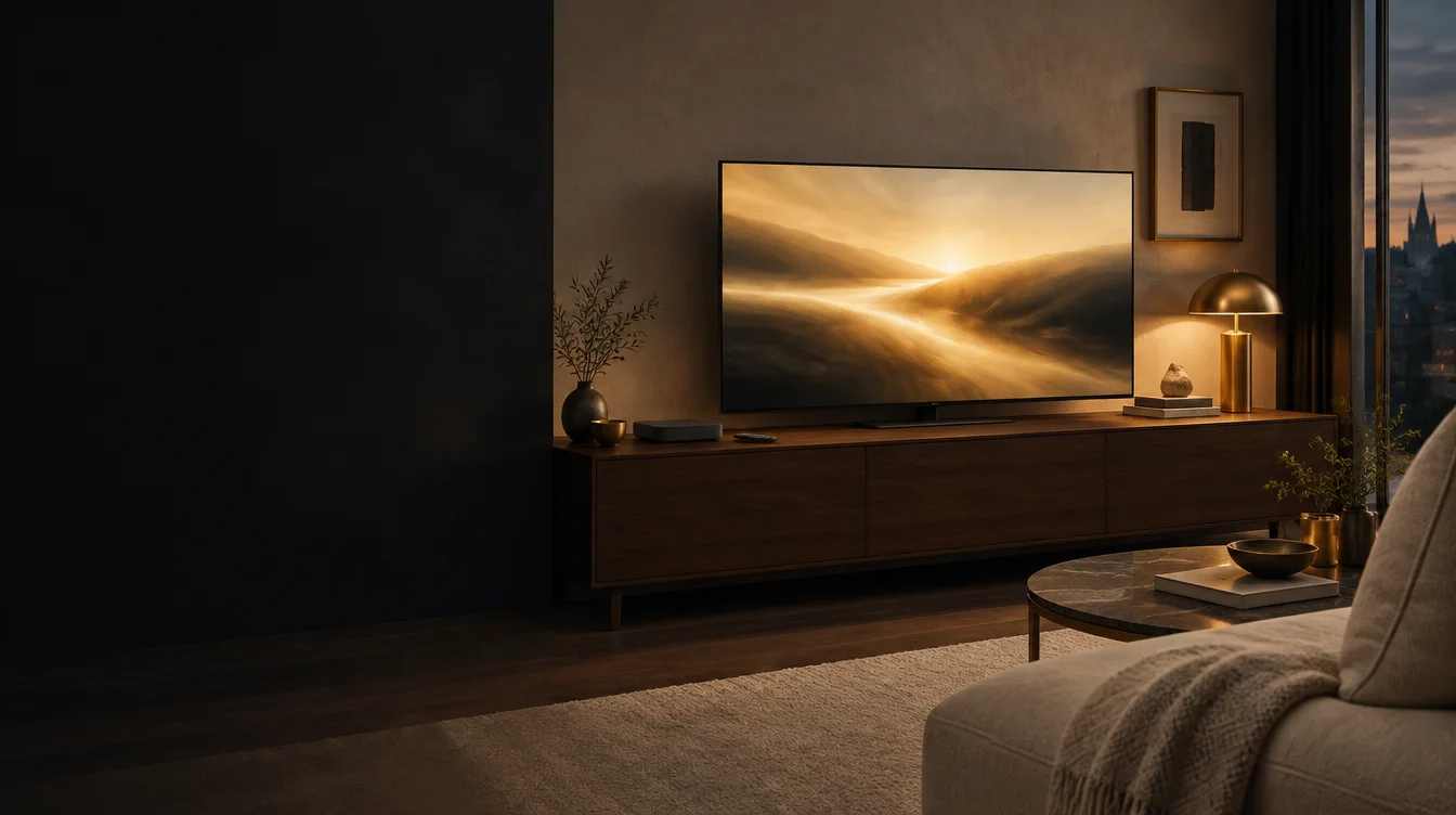 An illustrated concept for a calm living room with a television, TV box and warm brass lighting